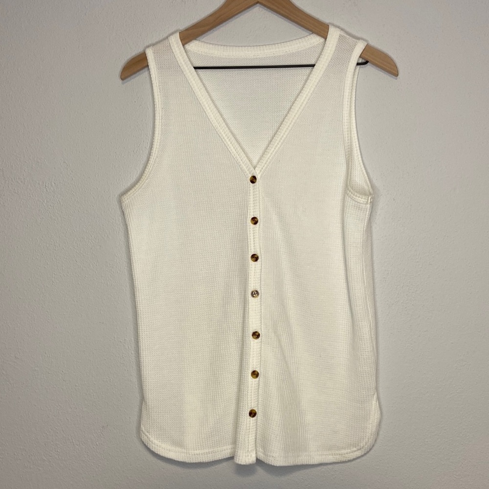 Waffle Knit Button Down Sleeveless White Top Size Small Lightweight